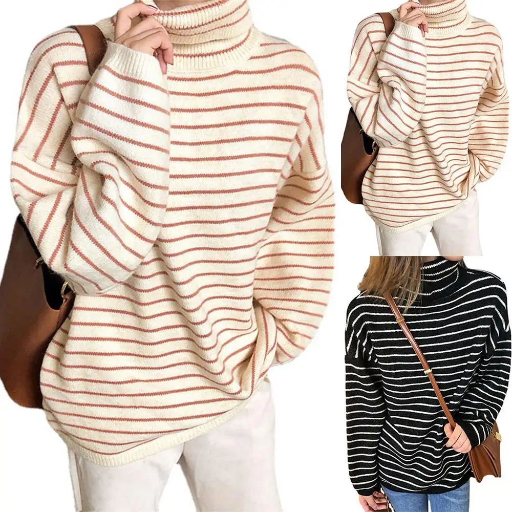 

Womens Striped High Neck Jumper Sweater Casual Warm Long Sleeve Pullover Tops