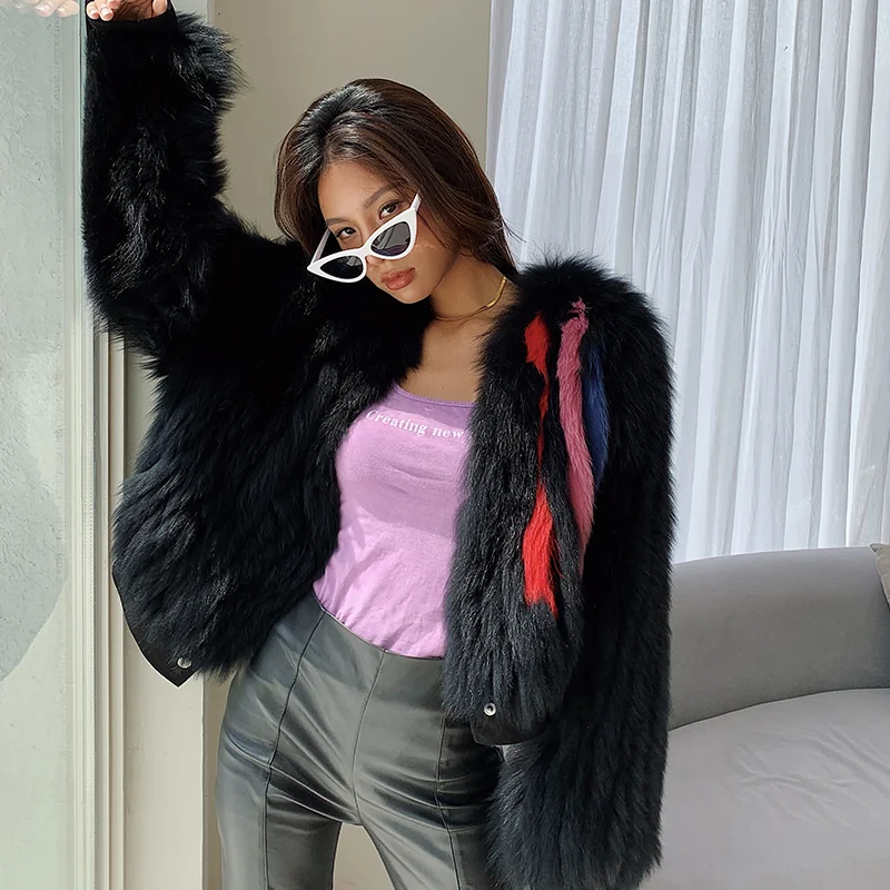 

Rf20116 2020 Новое поступление белые полосатые футболки Меховая куртка женская короткая Стиль куртка с натуральным мехом с длинным рукавом паль...