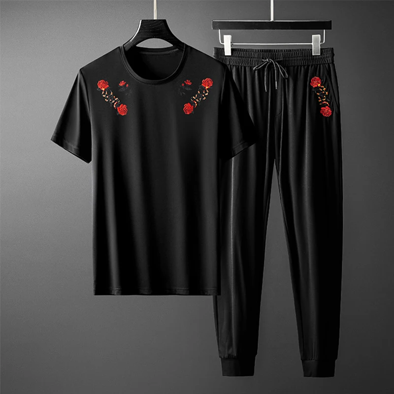 Chinese style men's short-sleeved suit rose flower embroidery summer trend fashion casual sports trousers two-piece suit