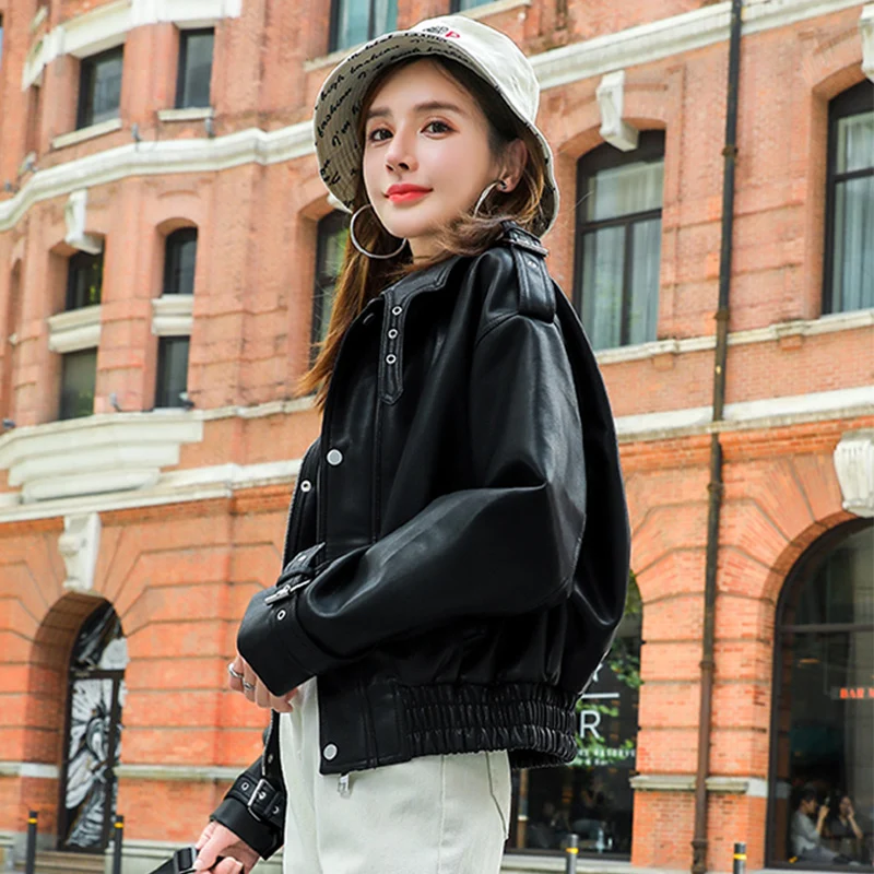 

Ly Varey Lin Women Faux Soft Leather Bomber Jacket Autumn Turndown Collar Loose Faux Pu Biker Overcoat Street Zipper Red Jacket