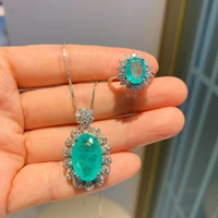 qtt hot sale wedding accessories set oval paraiba emerald tourmaline%c2%a0stone ring necklace set for women jewelry sets