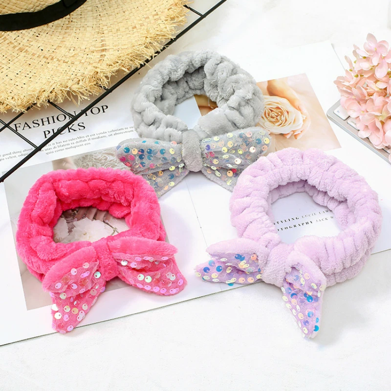 

2021 Women Hair Accessories Sequin Bow Coral Fleece Wash Face Bowknot Hairbands Girls Elastic Soft Turban Headbands Makeup Tool