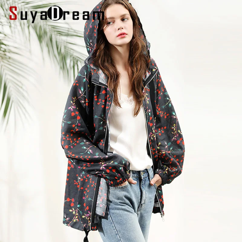 

SuyaDream Women Linen Trench 100%Ramie Floral Printed Hooded Trench Coat For Women 2020 Spring New
