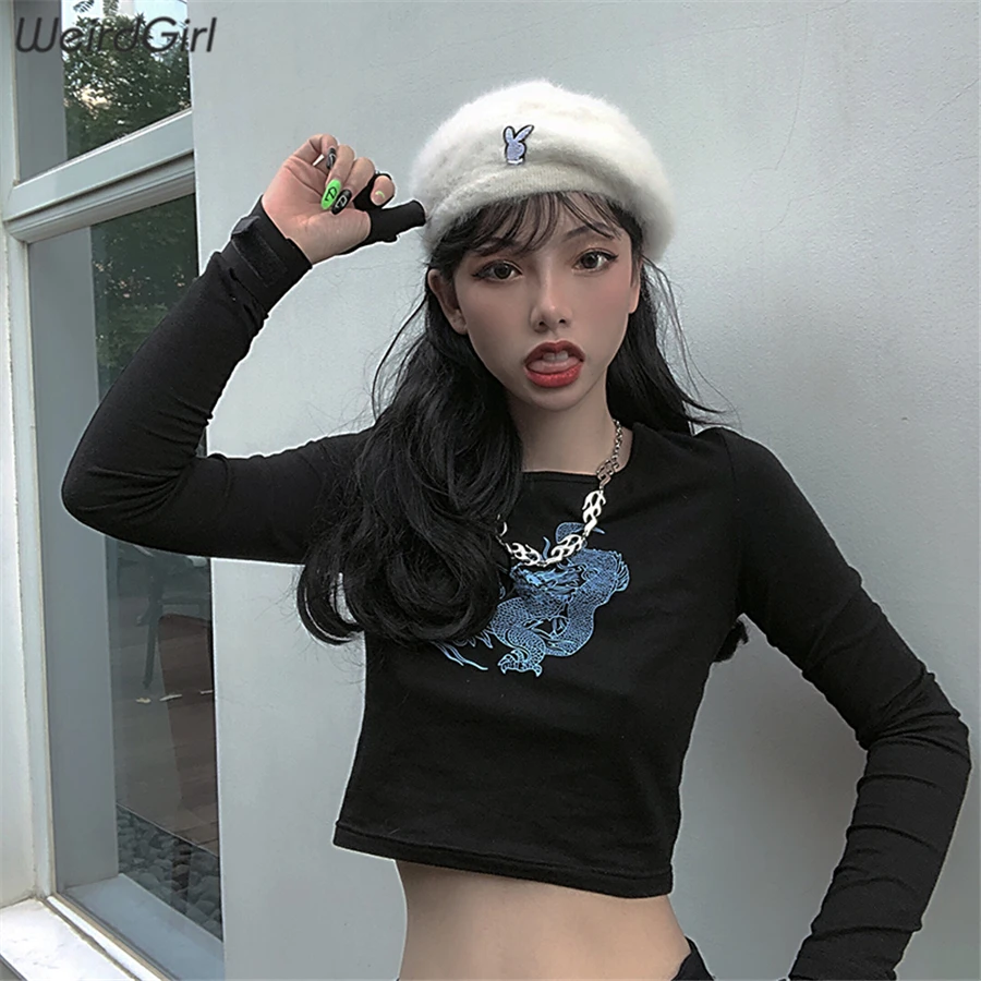 Weirdgirl, женские футболки с принтом дракона, модные, с круглым вырезом, с длинным рукавом, тонкие, Harajuku, женские топы, Новое поступление, Осенние футболки
