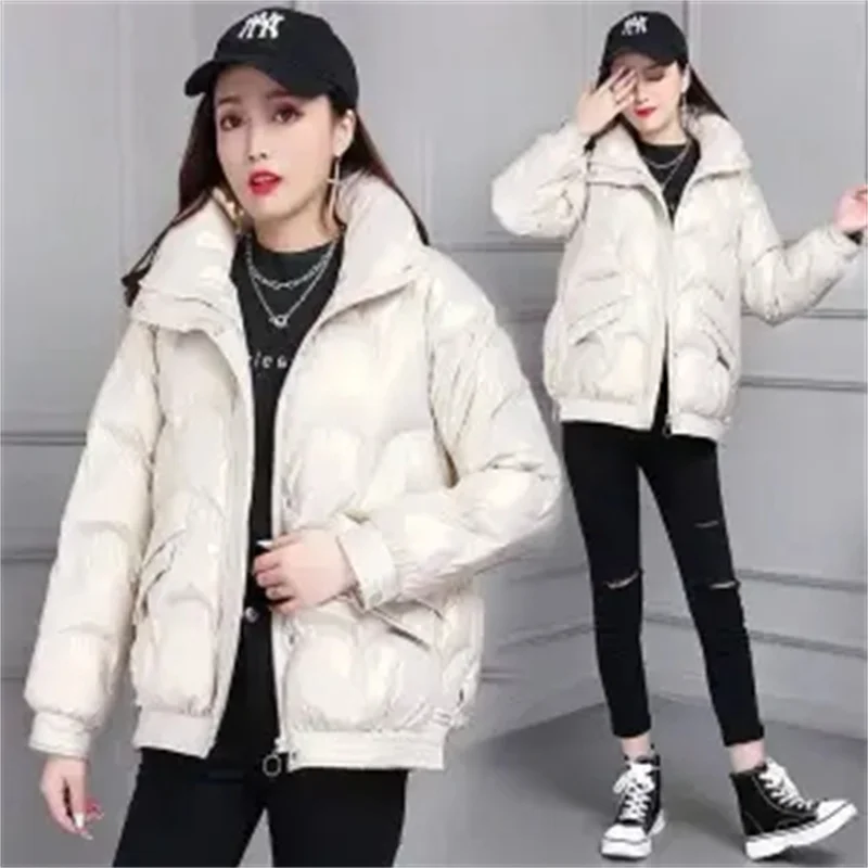 2021 Stand-Up Collar Winter Bright Bread Jacket Women Loose Pocket Short Coat Winter Thick Warm zipper Parkas Student Outcoat 46