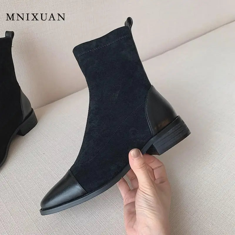 MNIXUAN весенние сапоги женские ботильоны из натуральной кожи Зима 2019 Новые