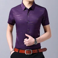 men turn down collar stripes shirt buttons pocket short sleeve t shirt skin friendly tops streetwear for business