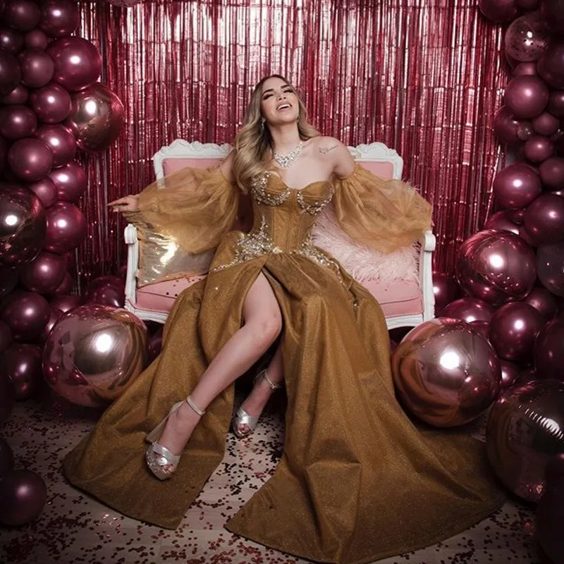 

Champagne Split Maxi Prom Dresses 2020 Women Elegant Party Night Sleeveless Vestidos Gala Sexy Robes Tulle Sexy Evening Dress