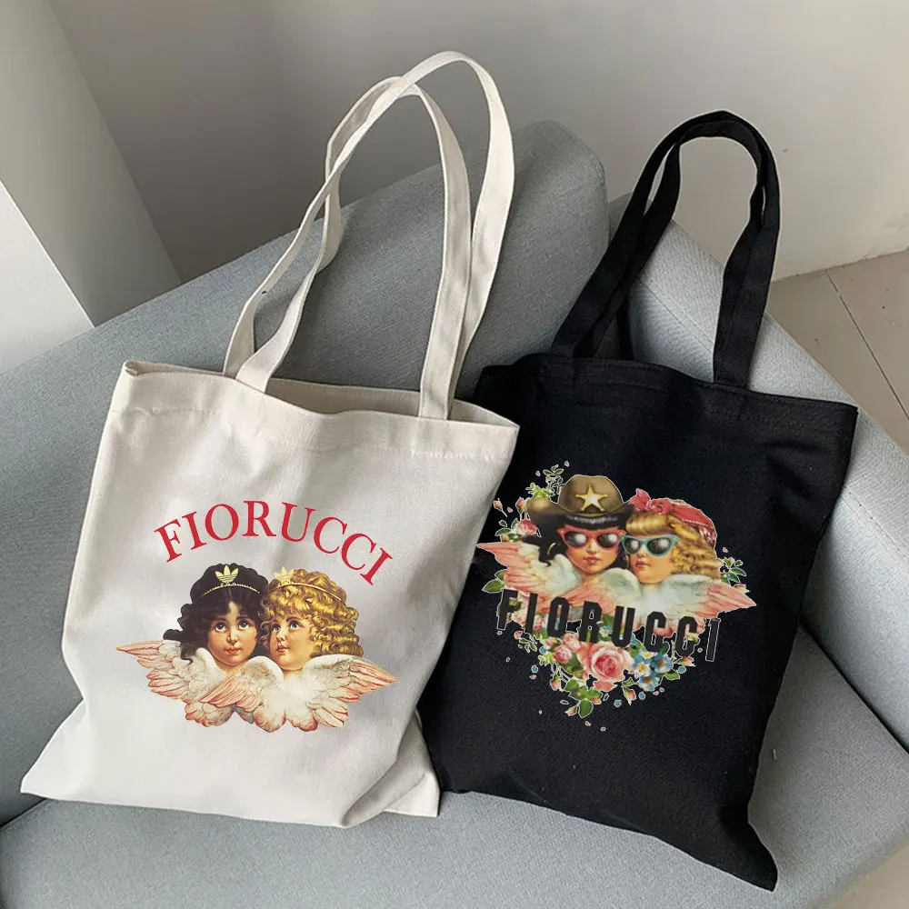 

Korea Angel Cartoon Casual Vintage Shopping Tote Large-capacity Funny Harajuku Fiorucci Shoulder Canvas Bag Kawaii Women's Bags