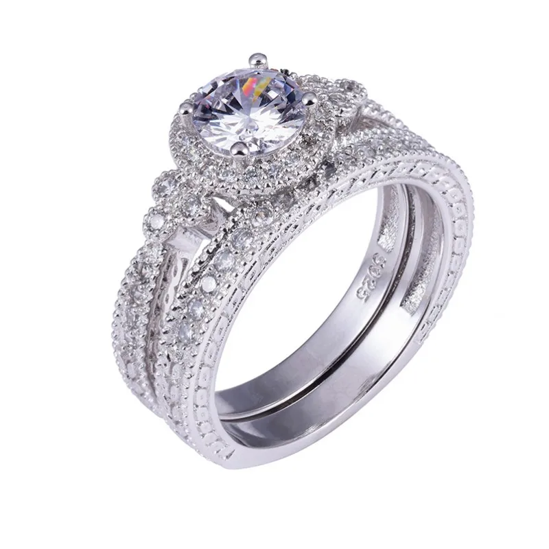 Vintage 925 Sterling Silver 1.5ct Simulated Diamond Ring set 2-in-1 Female jewelry Luxury Wedding Rings For Women size 5-10 | Украшения и