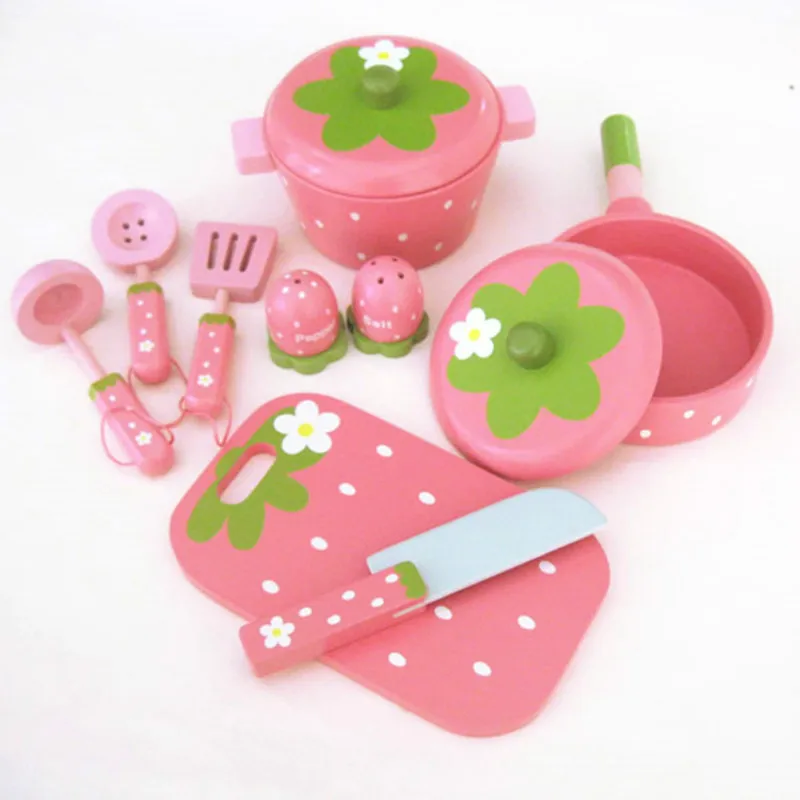 

Wooden Kitchenware Pot Set Toy Children Simulation Pretend Play Kitchen Toys Pink Pretty Play House Kid Favorite Girl Gift New