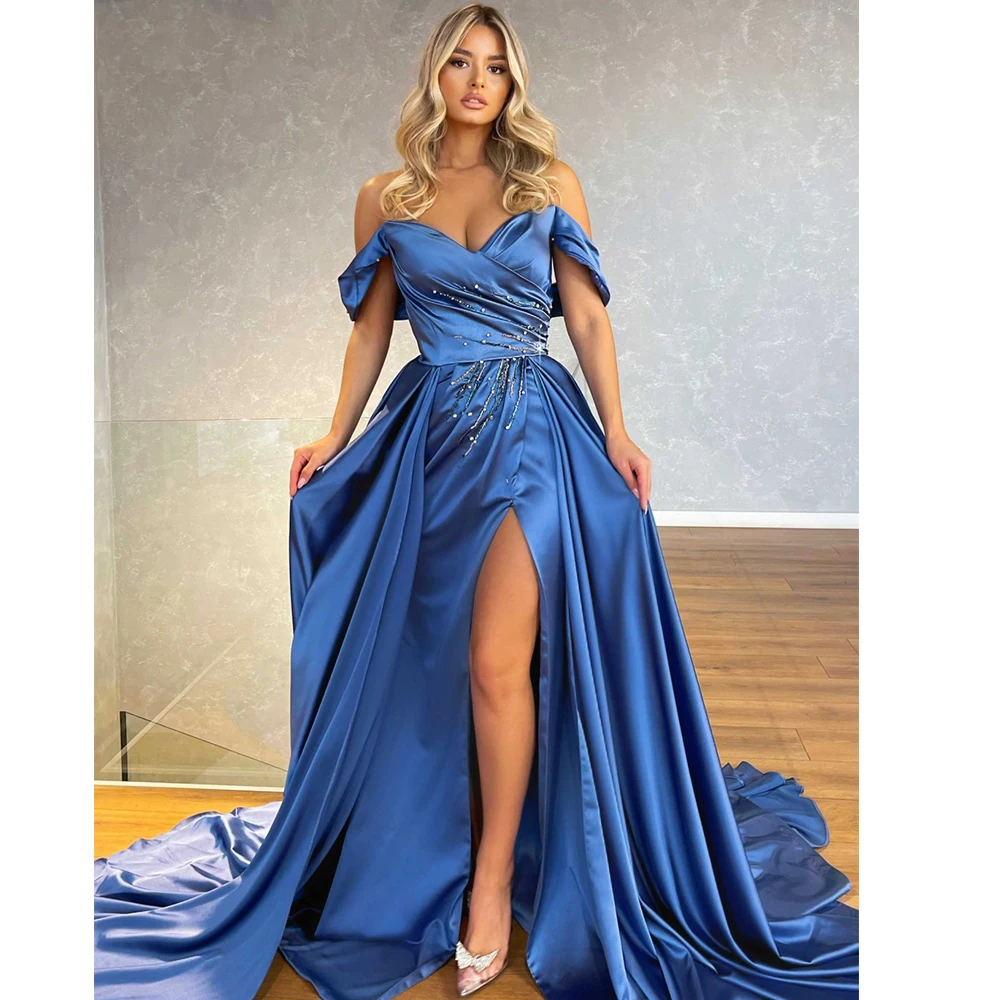 

Evening Dresses 2022 Women Simple Blue Satin Mermaid Prom Gowns Beaded Side Split Party Dress Off-The-Shoulder robes de soirée