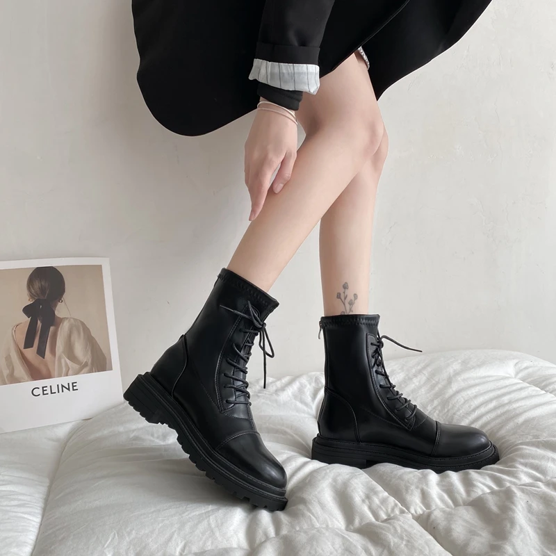 

DLEK Ankle Boots Women Round Toe Lace-Up Fashion Short Boots Winter EVA Fur Plush Female Warm Fashion Solid Shoes