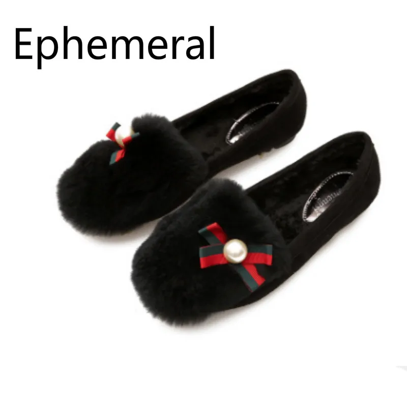 Женская зимняя обувь на плоской подошве с кроличьим мехом круглым носком теплая