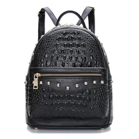 new crocodile pattern embossed genuine cow leather backpack fashion gilr chic metal square studs decoration shoulder bag bagpack