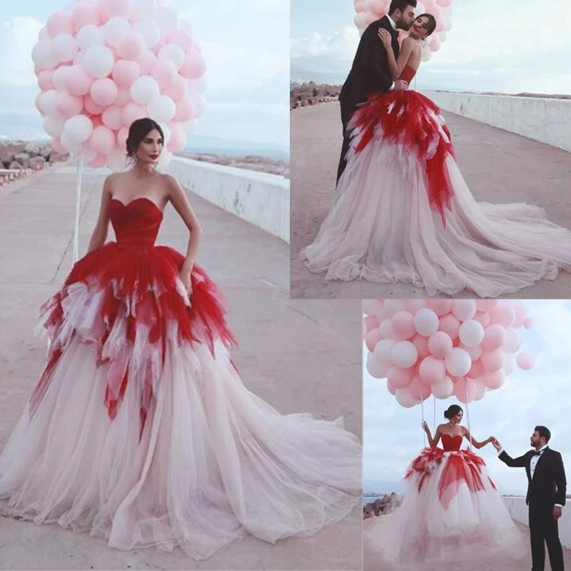 

Gorgeous Red Ruffles Chapel Train Lace A-Line Wedding Dresses 2020 Sexy Sweetheart Neck Vintage Bride Gown Vestido de Noiva