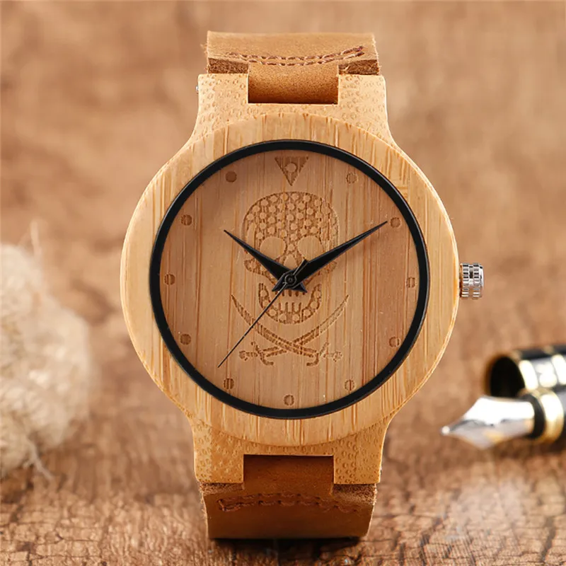 

Handmade Nature Wood Engraved Skull Dial Design Men's Quartz Analog Wrist Watch Brown Soft Leather Band Timepiece Reloj Gift