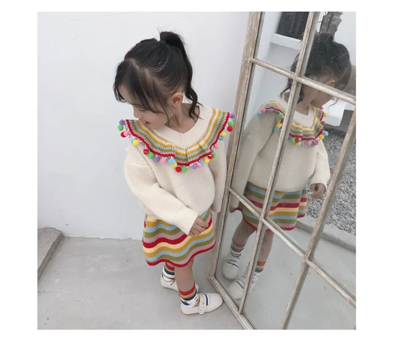 Knit комплекты трикотажной одежды для девочек; детский шерстяной свитер в полоску; платье-комбинезон; пуловер с кроличьими волосами; комплект одежды для детей