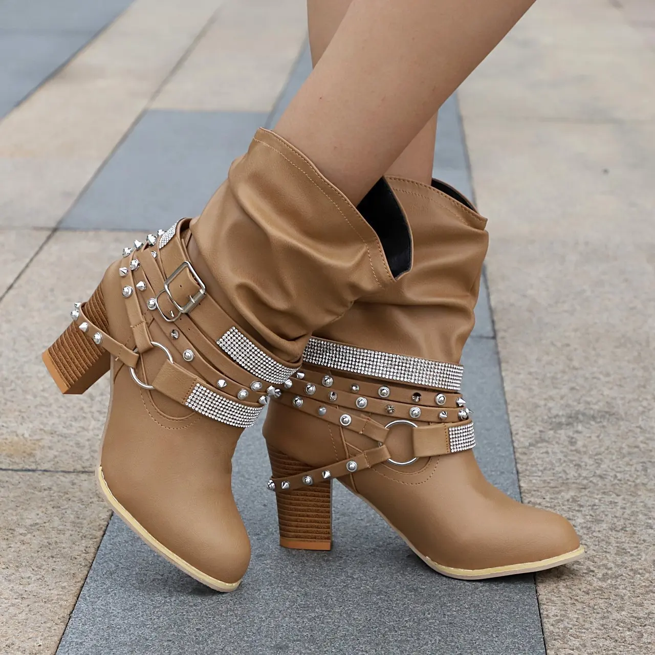 

Large Size New Short Boots High Heel Thick Heel Rhinestone Belt Buckle Women's Shoes Round Toe Sleeve Women's Leather Boots Size