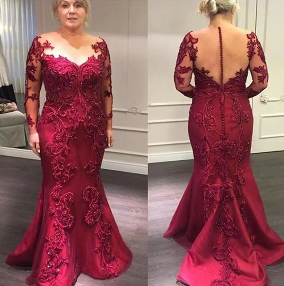 

Dark Red Mother Of The Bride Dresses Lace Appliuque Beading Illusion Long Sleeves Formal Evening Gowns Gorgeous Wedding Groom