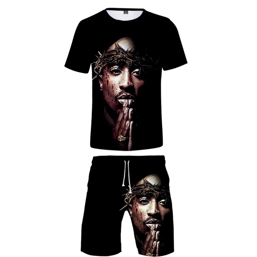 

TUPAC Two Piece Set 3D Print Casual Short Sleeve T-shirt Shorts Sets 2021 Hiphop Kpops Crew Neck Beach Shorts Sport suit Boys
