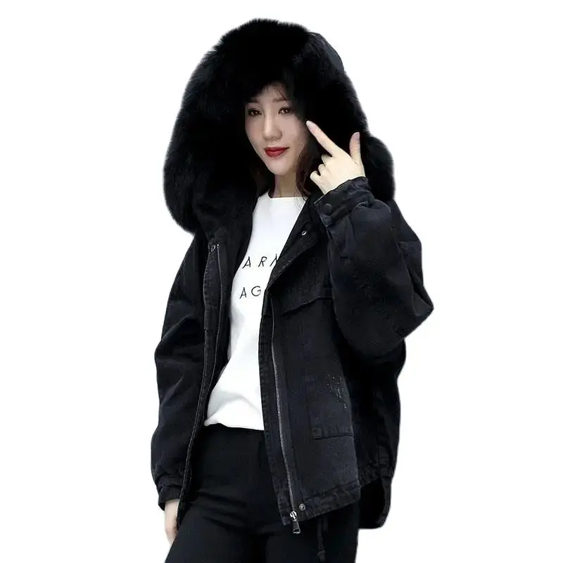 

Plus Velvet Big Fur Collar Denim Jacket Women's Autumn And Winter 2021 New Loose Thicken Cotton Clothes Padded Jacket Women Tide