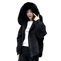 plus velvet big fur collar denim jacket womens autumn and winter 2021 new loose thicken cotton clothes padded jacket women tide