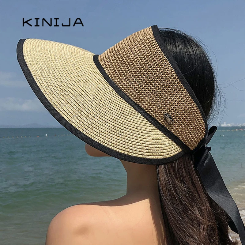 Summer Womens Straw Hats Bow Bandage Sombrero Playa Oversized Beach Cap Fedora Hat for Women Large Wide Brim Sun Empty Top Hat