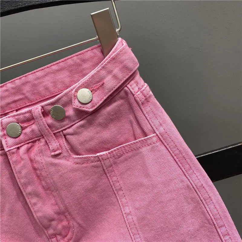 

2021 Spring and Summer New Foreign Pink Denim Skirt Female Wild High Waist Thin A-line Bag Hip Skirt