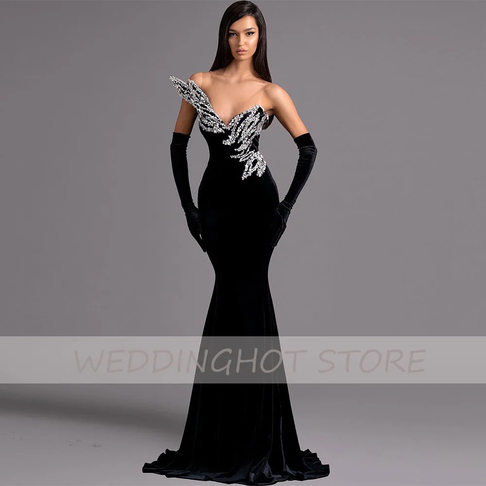 

Black Velour Evening Dresses 2023 Luxury Sexy Beading V-Neck Ball Gowns Elegant Strapless Backless Party Dress robes de soirée