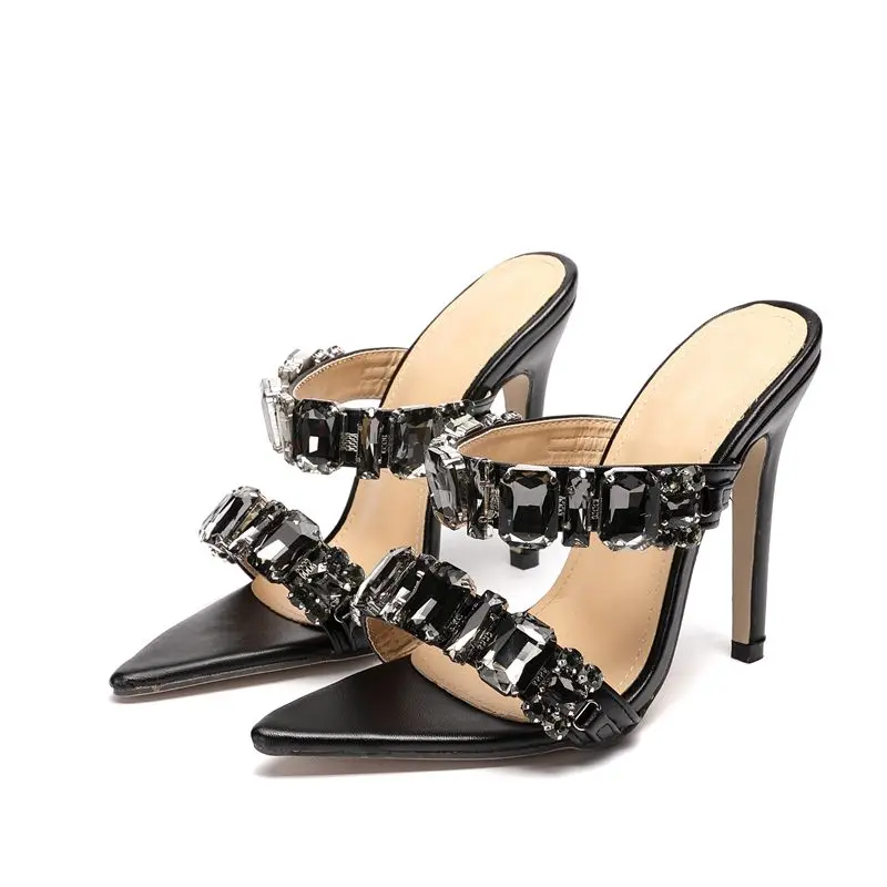 

Slippers Women Summer Luxury 2021 New Fashion Pointed Rhinestone High Heels Zar a Woman Shoes On Heels Sandals Plus Size Femme