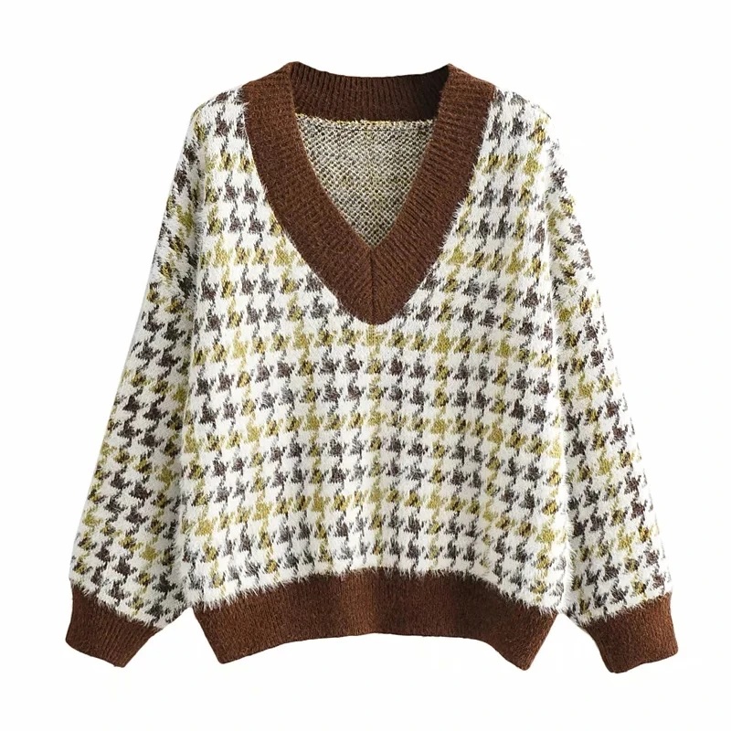 

Свободный Повседневный Модный Универсальный женский свитер с длинными рукавами vCollar в стиле «гусиные лапки»