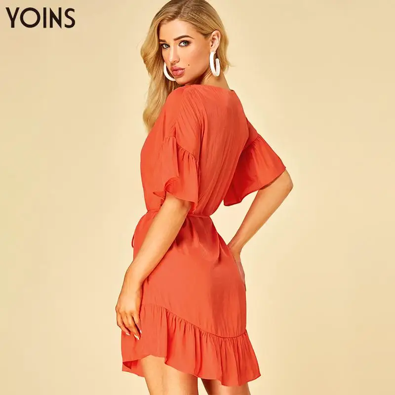 YOINS/2019 летнее и осеннее женское платье модное оранжевое на шнуровке с круглым