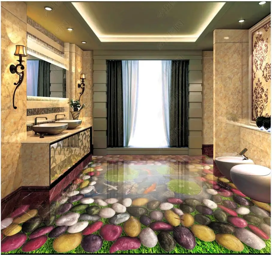 

Custom Picture Self-adhesive Flooring wallpaper Chinese pebble lotus fish 3D floor mural painting wall sticker home decor