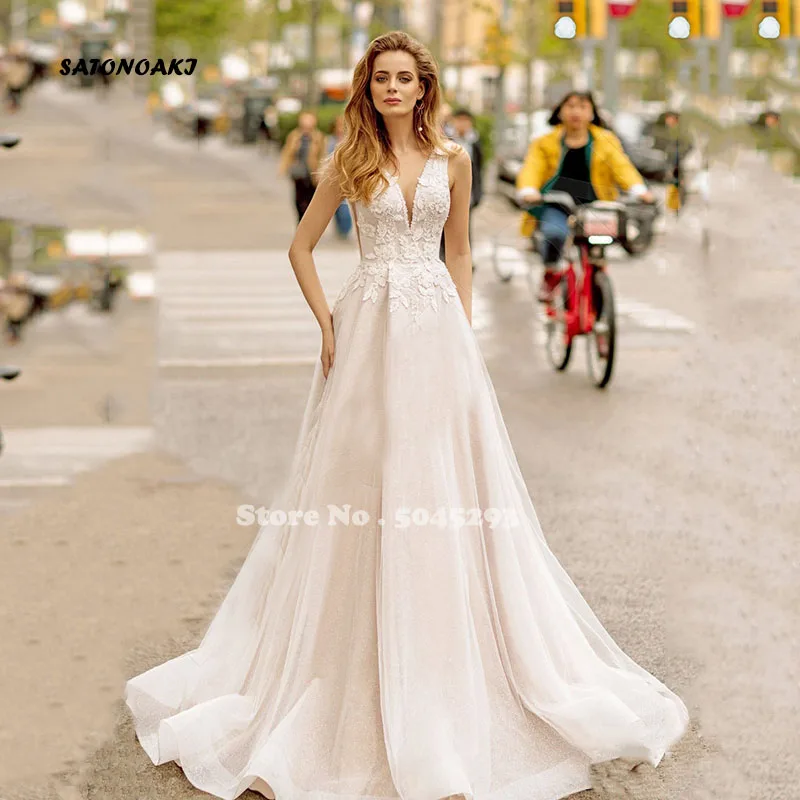 

Vestido De Novia Sexy Shiny Wedding Dresses V Neck Backless Boho Plus Size Princess Bride Gowns For Women Robe Mariée France