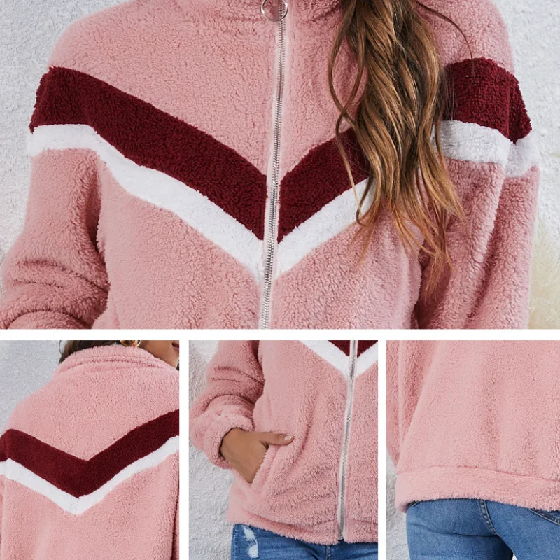 

Mimofunny Lambswool Fleece Women Jacket Winter Striped Patchwork Padded Coats Thick Vintage Fashion Elegant Stand Collar Outwear