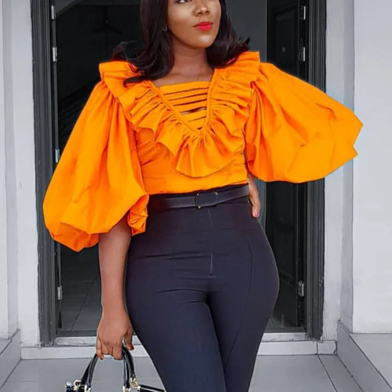 

Women Blouse Big Lantern Sleeve V Neck Ruffles Hollow Out Elegant Office Ladies Classy Orange Fashion Tops Shirt Bluas Plus Size