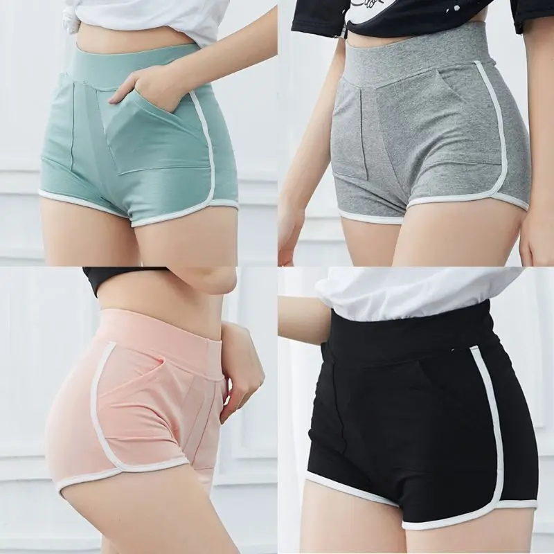 

Women Summer Casual Sport Shorts Solid Color Elastic Waist Gym Workout Running Sexy Skinny Hot Pants with Side Pockets