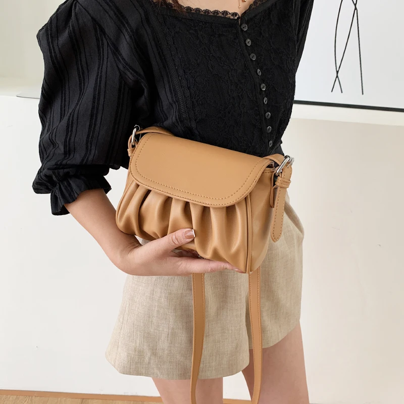 

High Quality Solid Color Ruched Crossbody Bags for Women 2021 New Luxury Handbag Fashion Simple Shoulder Bag Ladies Purse