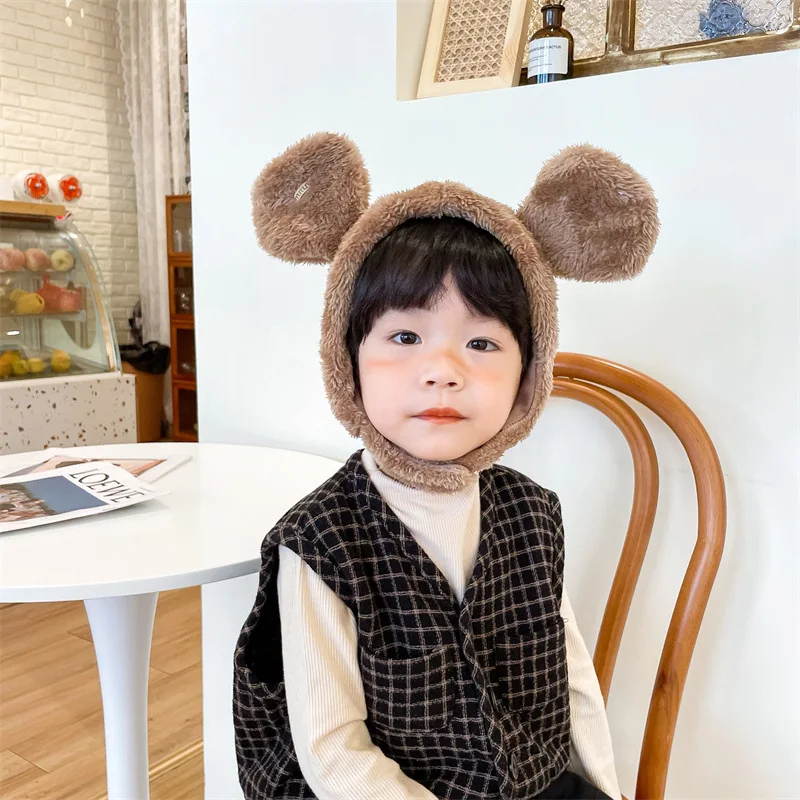

Зимние теплые детские шапки для мальчиков и девочек, плюшевые шапки с милыми медвежьими ушками, однотонные модные 4 цвета s