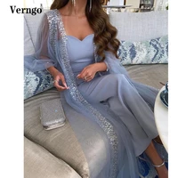 verngo dusty blue chiffon evening dresses long jacket sequin sleeves prom gowns sweetheart ankle length formal occasion dress