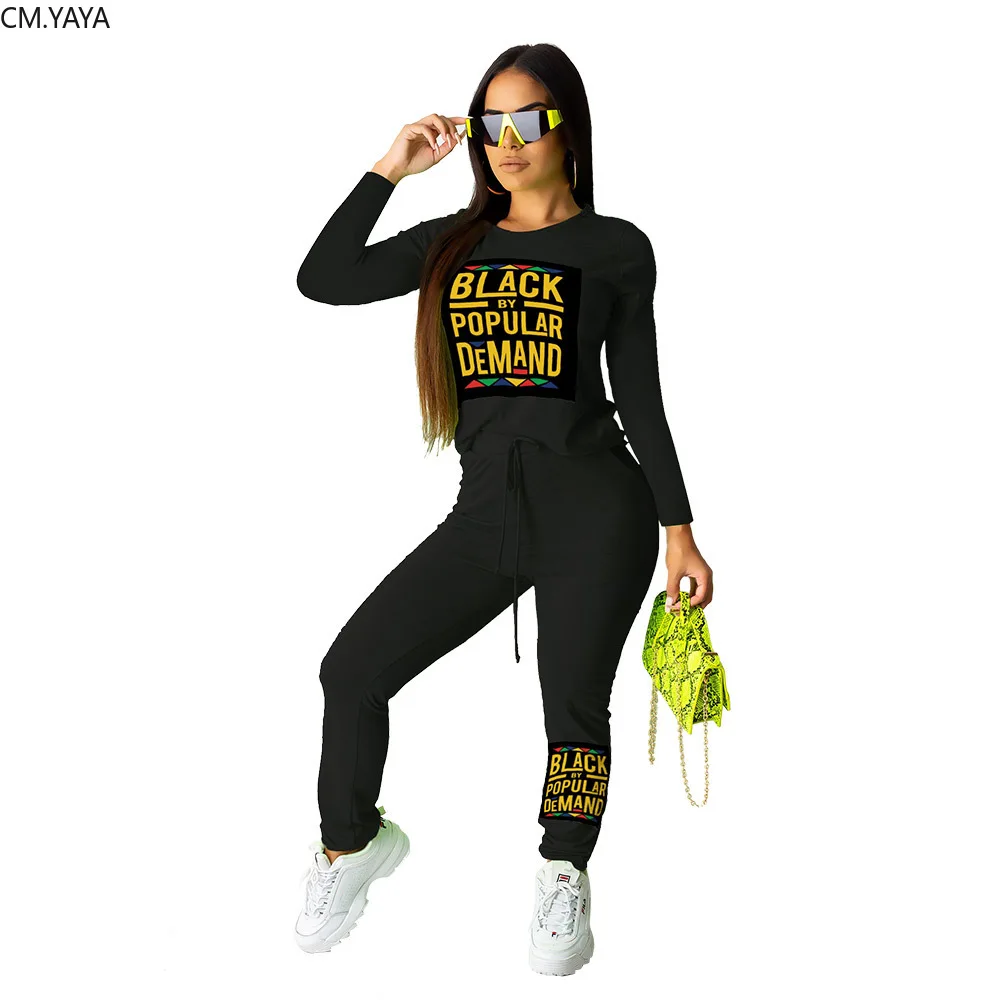 Осенне зимний черный женский костюм с принтом в виде букв брюки карандаш