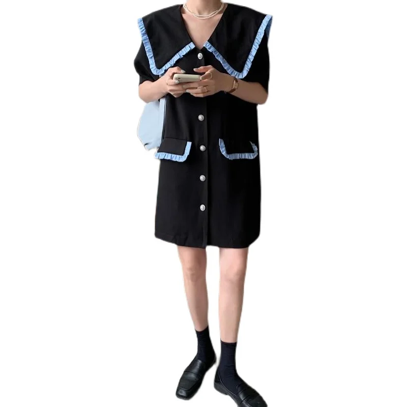 

COIGARSAM Short Sleeve Women dress New Summer Loose Sailor Collar Dresses Black Blue White 9688