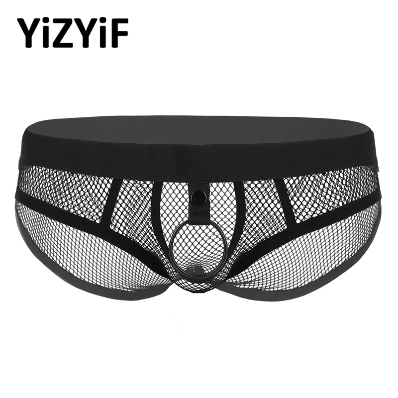 

Men Fishnet Bikini Underwear Sissy Panties See Through Lingerie Low Rise Elastic Waist Open Bulge Pouch Briefs with Metal O-ring