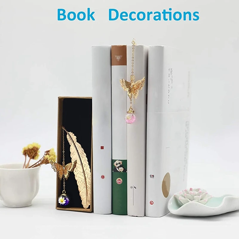 

3PC Vintage Metal Feather Bookmark Gift Box, with 3D Butterfly and Dried Flower Bead Charms, Handmade Gift for Women