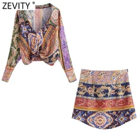 zevity new women vintage cloth patchwork totem floral print two piece cropped shirt skirt autumn fashion casual court sets su100