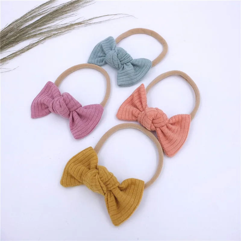 Toddler Fashion Knitting Cotton Bows Hairband Solid Color Handmade Bowknot Elastic Nylon Headband Infant Headwear Birthday Gifts