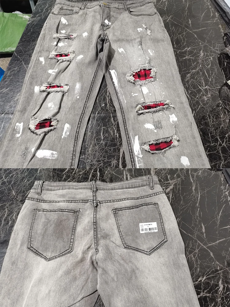 

Men's Ripped Skinny jeans Patchwork Grid Stretch Casual Denim pencil Pants Man Fashion paint painting Jogging Trousers male