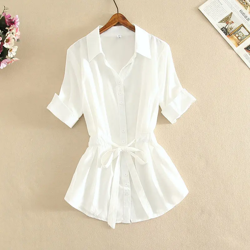 

2021 Summer New Women's Short Sleeve Blouse OL Solid Color Single Breasted Shirts Female Casual Belted Lapel Blouse Tops Q394