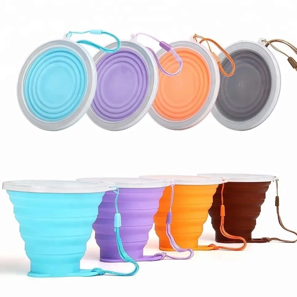 

NEW 270ml Silicone Collapsible Travel Cup Outdoor Portable Folding Camping Cups With Lids Lanyard Expandable Drinking Copa